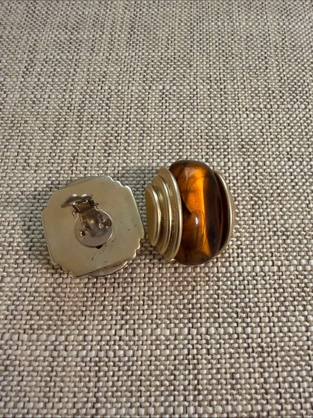 Vintage Amber Tone Dome Clip-On Earrings - Gold Tone